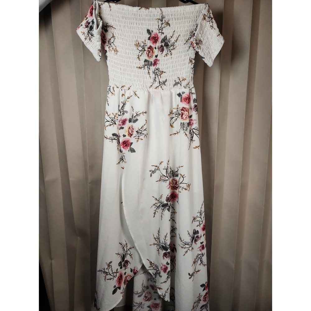 Boho Off The Shoulder Smocked Maxi Dress Floral Cottagecore Wrap Tulip Hem White